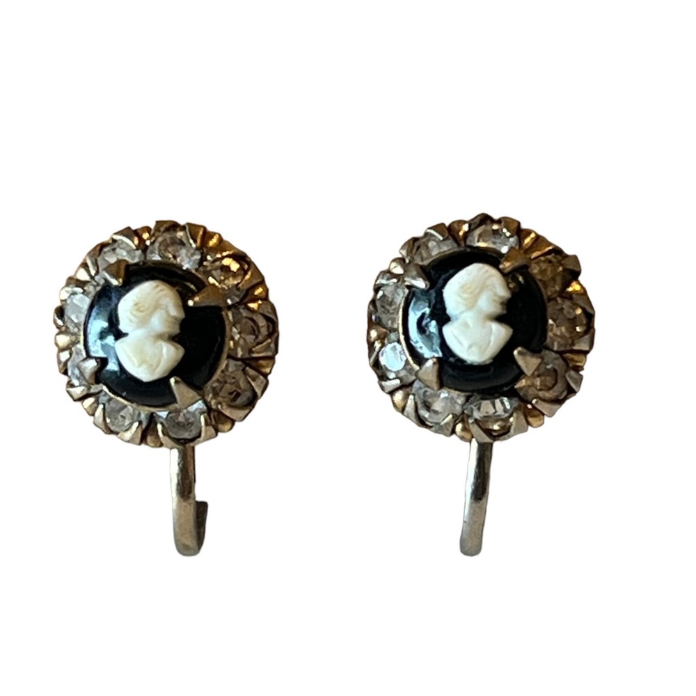 Vintage Coro Cameo Screw-Back Earrings with Rhinestones Marked Classic Victorian